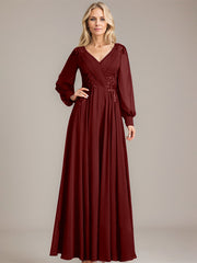 A-line V-Neck Floor-Length Chiffon Mother of the Bride Dress With Sequins Appliques Lace Pleated