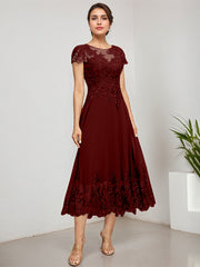 A-line Scoop Illusion Tea-Length Lace Chiffon Mother of the Bride Dress With Sequins