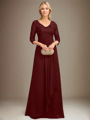 Empire V-Neck Floor-Length Lace Chiffon Mother of the Bride Dress With Cascading Ruffles Sequins
