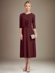 A-line Scoop Tea-Length Chiffon Mother of the Bride Dress With Pleated