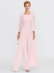 3 Piece Chiffon Square Neck Mother of the Bride Pantsuits with Jacket