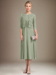 A-line Scoop Tea-Length Chiffon Mother of the Bride Dress With Pleated