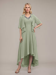 A-line V-Neck Asymmetrical Chiffon Mother of the Bride Dress With Beading Sequins