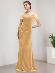 Sheath/Column V-Neck Sweep Train Velvet Evening Dress With Cascading Ruffles Beading