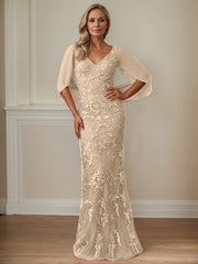 Sheath V-Neck Floor-Length Tulle Mother of the Bride Dress