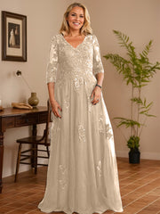 A-line V-Neck Floor-Length Tulle Lace Mother of the Bride Dress With Sequins