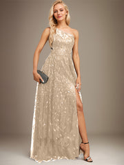 A-line One Shoulder Illusion Floor-Length Sequin Lace Evening Dress