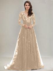 Ball-Gown/Princess V-Neck Sweep Train Tulle Lace Evening Dress With Sequins