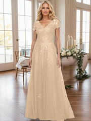 A-Line V-Neck Short Sleeves Sweep Train Lace/Tulle Mother Of The Bride Dresses