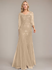Trumpet/Mermaid Illusion V-Neck Floor-Length Tulle Sequin Lace Mother of the Bride Dress