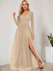 A-line V-Neck Floor-Length Tulle Prom Dresses With Sequins Appliques Lace Beading