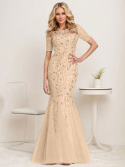 Floral Sequin Print Maxi Long Fishtail Tulle Mother Of The Bride Dresses