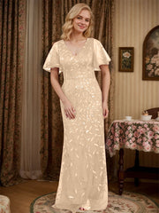 Sheath V-neck Short Sleeves Floor-Length Lace Mother of the Bride Dress