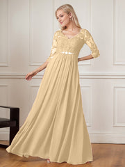 A-Line Floor-Length V-Neck Lace Chiffon Mother of the Bride Dress