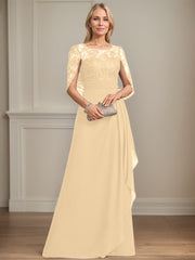 A-line Scoop Illusion Floor-Length Lace Chiffon Mother of the Bride Dress With Cascading Ruffles Sequins