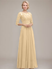 A-line Boat Neck Illusion Floor-Length Chiffon Lace Mother of the Bride Dress With Sequins Beading