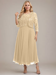 A-line Boat Neck Illusion Tea-Length Lace Chiffon Mother of the Bride Dress With Sequins