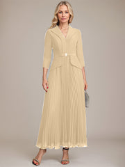 A-line Collared V-Neck Ankle-Length Chiffon Mother of the Bride Dress With Beading Pleated