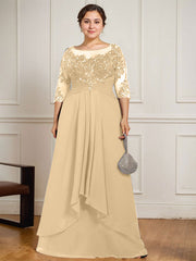 A-line Scoop Illusion Floor-Length Lace Chiffon Mother of the Bride Dress With Cascading Ruffles
