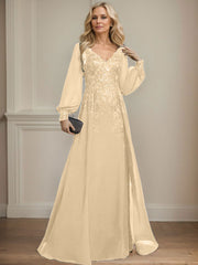 A-Line V-Neck Long Sleeves Floor-Length Chiffon Mother Of The Bride Dresses With Lace