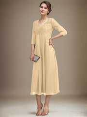 A-line V-Neck Tea-Length Chiffon Lace Mother of the Bride Dress With Beading