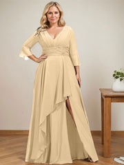 A-line V-Neck Floor-Length Chiffon Mother of the Bride Dress With Cascading Ruffles