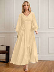 A-line V-Neck Ankle-Length Chiffon Mother of the Bride Dress With Cascading Ruffles Beading Sequins