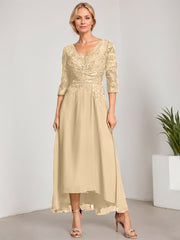 A-line V-Neck Asymmetrical Chiffon Lace Mother of the Bride Dress With Pleated Beading
