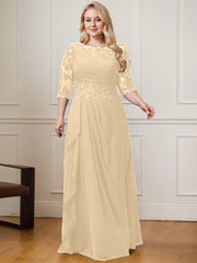 A-line Scoop Floor-Length Lace Chiffon Mother of the Bride Dress With Cascading Ruffles Sequins