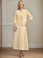 Separates A-line Scoop Tea-Length Chiffon Mother of the Bride Dress With Sequins Beading