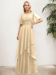 A-line Scoop Floor-Length Chiffon Mother of the Bride Dress With Pleated Sequins Beading