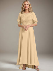 A-line Scoop Illusion Asymmetrical Chiffon Lace Mother of the Bride Dress With Beading