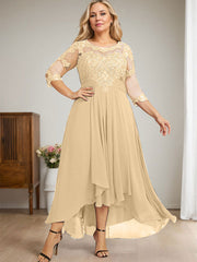 A-line Scoop Illusion Asymmetrical Lace Chiffon Mother of the Bride Dress With Cascading Ruffles