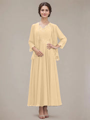 A-line V-Neck Ankle-Length Chiffon Mother of the Bride Dress With Sequins Appliques Lace Beading