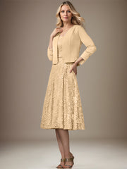 A-line V-Neck Knee-Length Chiffon Lace Mother of the Bride Dress With Beading Sequins