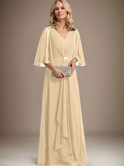 A-line V-Neck Floor-Length Chiffon Mother of the Bride Dress With Cascading Ruffles Crystal Brooch