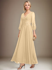 A-line V-Neck Ankle-Length Lace Chiffon Mother of the Bride Dress With Sequins