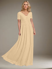 A-line V-Neck Floor-Length Chiffon Mother of the Bride Dress With Appliques Lace