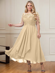 A-line Boat Neck Illusion Asymmetrical Lace Chiffon Mother of the Bride Dress With Cascading Ruffles Sequins