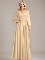 A-line V-Neck Floor-Length Chiffon Mother of the Bride Dress With Sequins Appliques Lace Pleated