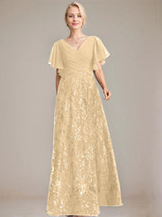 A-line V-Neck Floor-Length Lace Sequin Chiffon Mother of the Bride Dress With Pleated