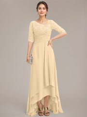 A-line Asymmetrical Asymmetrical Lace Chiffon Mother of the Bride Dress With Pleated Sequins