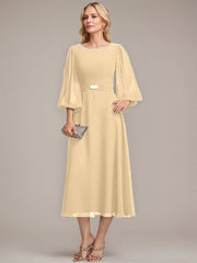 A-line Scoop Tea-Length Chiffon Mother of the Bride Dress With Crystal Brooch Pleated