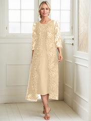 A-line Scoop Tea-Length Lace Chiffon Mother of the Bride Dress