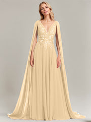 A-line V-Neck Sweep Train Lace Chiffon Evening Dress With Sequins