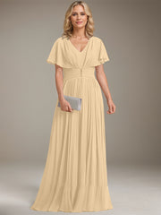 A-line V-Neck Floor-Length Chiffon Mother of the Bride Dress With Crystal Brooch Pleated