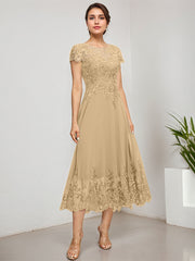 A-line Scoop Illusion Tea-Length Lace Chiffon Mother of the Bride Dress With Sequins