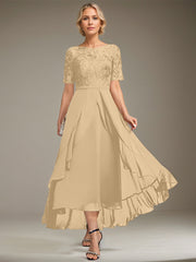 A-line Scoop Illusion Asymmetrical Lace Chiffon Mother of the Bride Dress