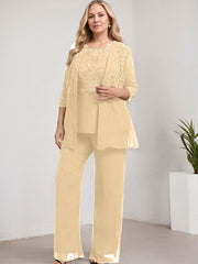 Separates Pantsuit Scoop Floor-Length Lace Chiffon Mother of the Bride Dress With Sequins