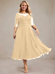 A-line Scoop Illusion Tea-Length Lace Chiffon Mother of the Bride Dress With Sequins